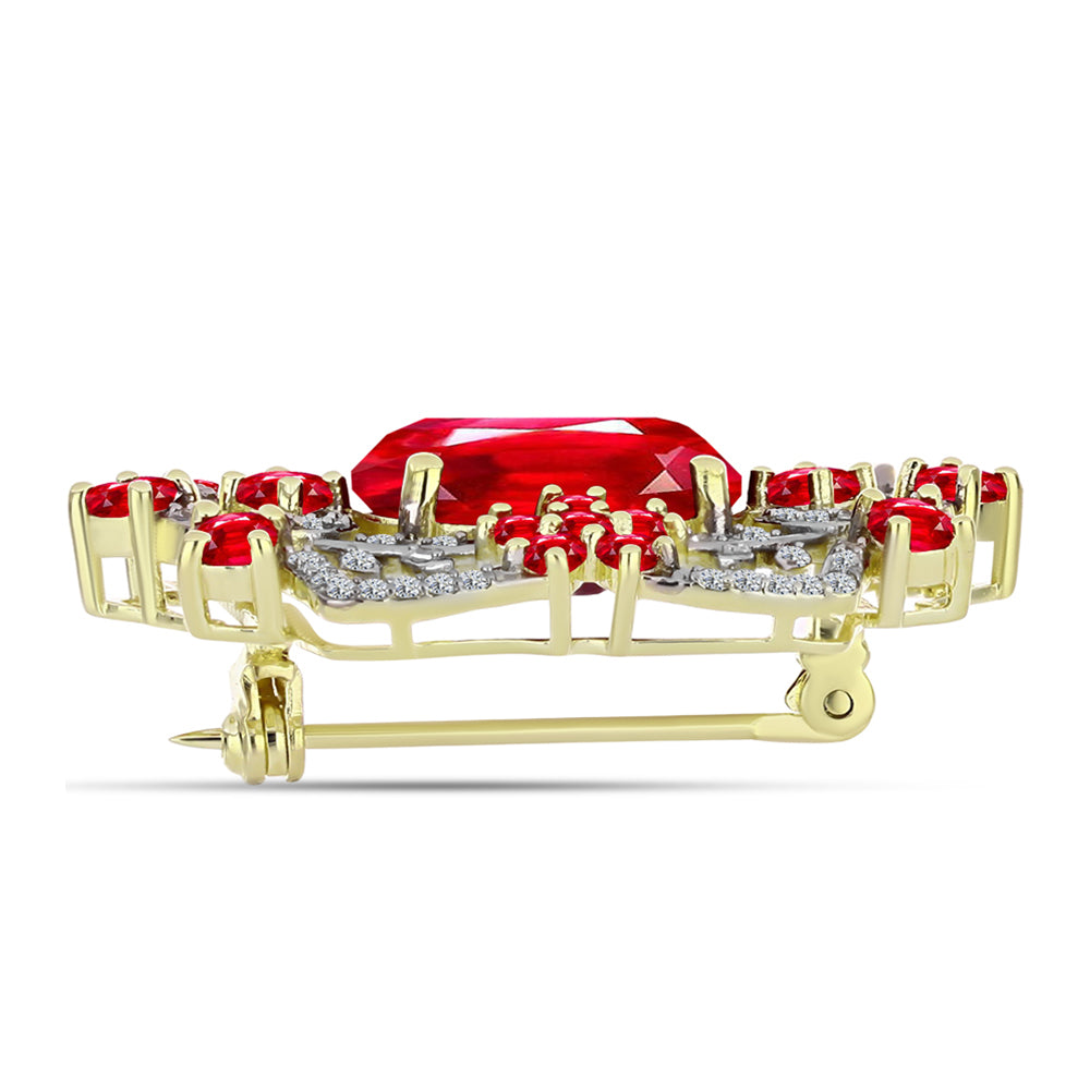 Kullattu hopeaRintaneula Punaisella Akaatilla ja Valkoisella Topaasilla