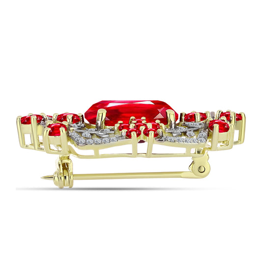 Kullattu hopeaRintaneula Punaisella Akaatilla ja Valkoisella Topaasilla