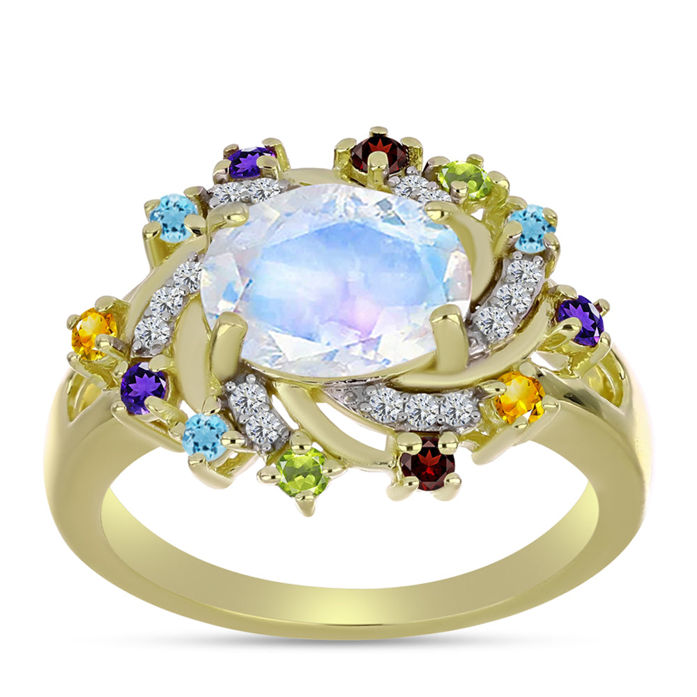 Kullattu hopeaSormus Sateenkaarikuukivellä ja Marokon Ametistilla