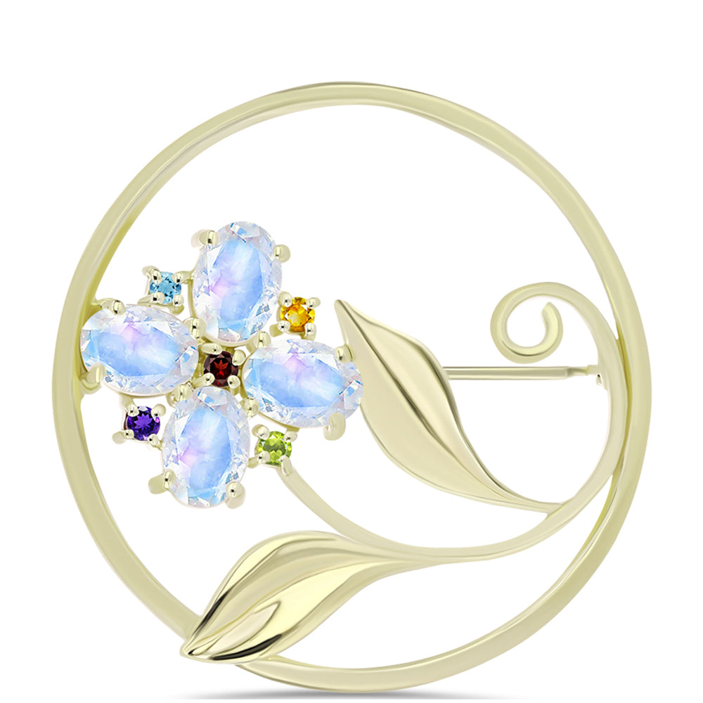 Kullattu hopeaRintaneula Sateenkaarikuukivellä ja Marokon Ametistilla