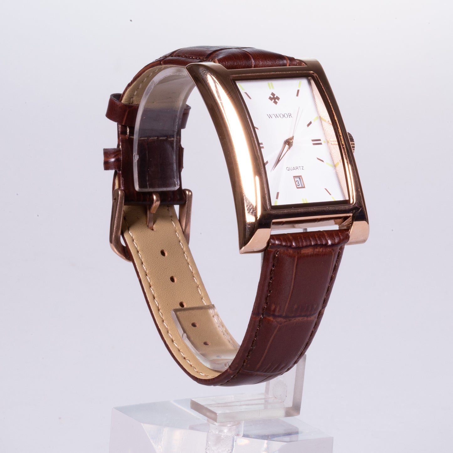 YELLOW GOLD colour CASE, brown genuine leather band, stainless steel watch