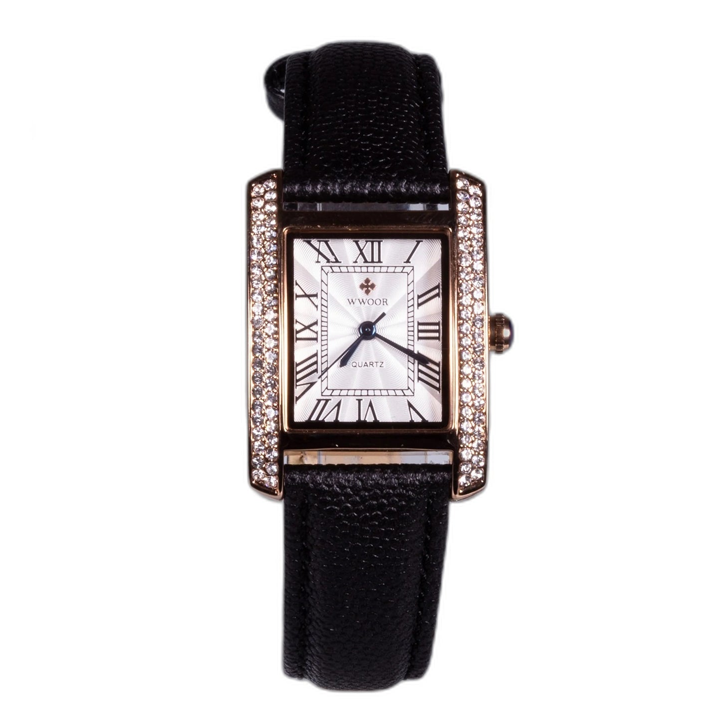 YELLOW gold colour case, black genuine leather band, stainless steel with white zircon watch