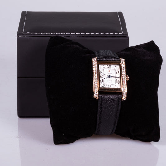 YELLOW gold colour case, black genuine leather band, stainless steel with white zircon watch