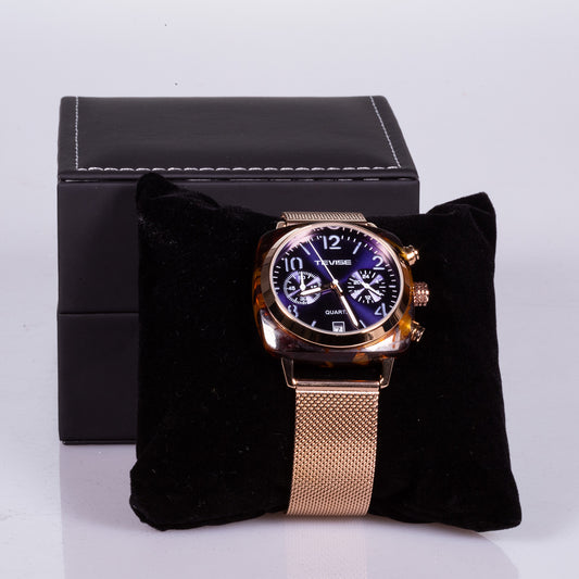 yellow gold colour strap and case, blue dial, stainless steel watch with stopper