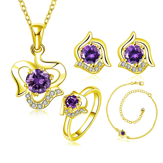 Kullattu Terässetti Violetilla Emporia® Kristallilla ( kaulakoru+korvakorut+rannekoru+sormus )