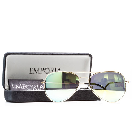 Emporia Italy - Aviator -sarjan "VIIDAKKO" polarisoidut UV-SUODATTAVAT aurinkolasit kovalla säilytyskotelolla ja puhdistusliinalla, kelta-vihreät linssit, kullanväriset kehykset
