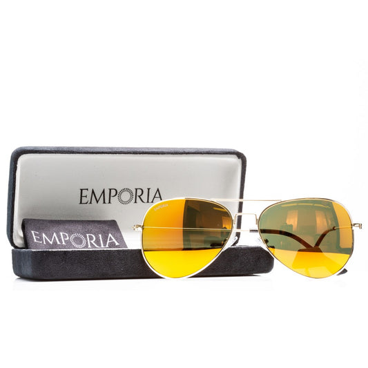 Emporia Italy - Aviator -sarjan "AURINGONPURKAUS" polarisoidut UV-SUODATTAVAT aurinkolasit kovalla säilytyskotelolla ja puhdistusliinalla, oranssit linssit, kullanväriset kehykset
