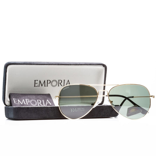 Emporia Italy - Aviator -sarjan "ORIGINELLI" polarisoidut UV-SUODATTAVAT aurinkolasit kovalla säilytyskotelolla ja puhdistusliinalla, klassiset tummanvihreät linssit, kullanväriset kehykset
