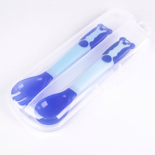 Lämpöherkkä vauvan lusikka- ja haarukkasetti, taivutettava, BPA-vapaa, väri: sininen