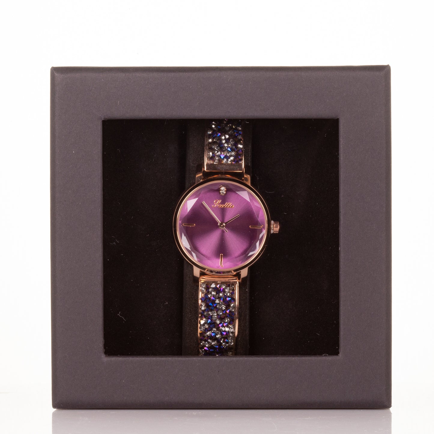 Laadukas Miyota Movements metallirannekello lahjapakkauksella, violetti kellotaulu