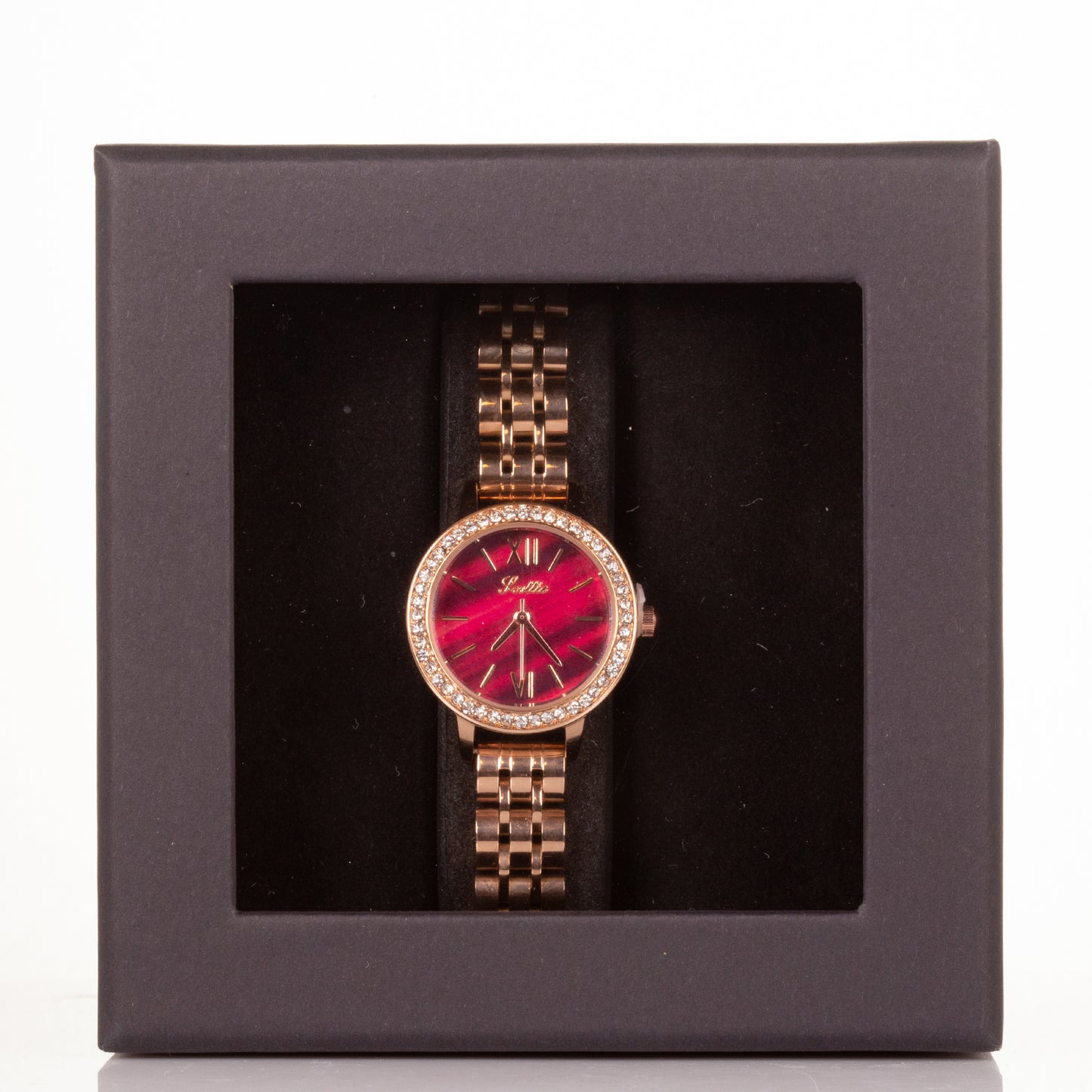 Laadukas Miyota Movements metallirannekello lahjapakkauksella, rubiininpunainen kellotaulu
