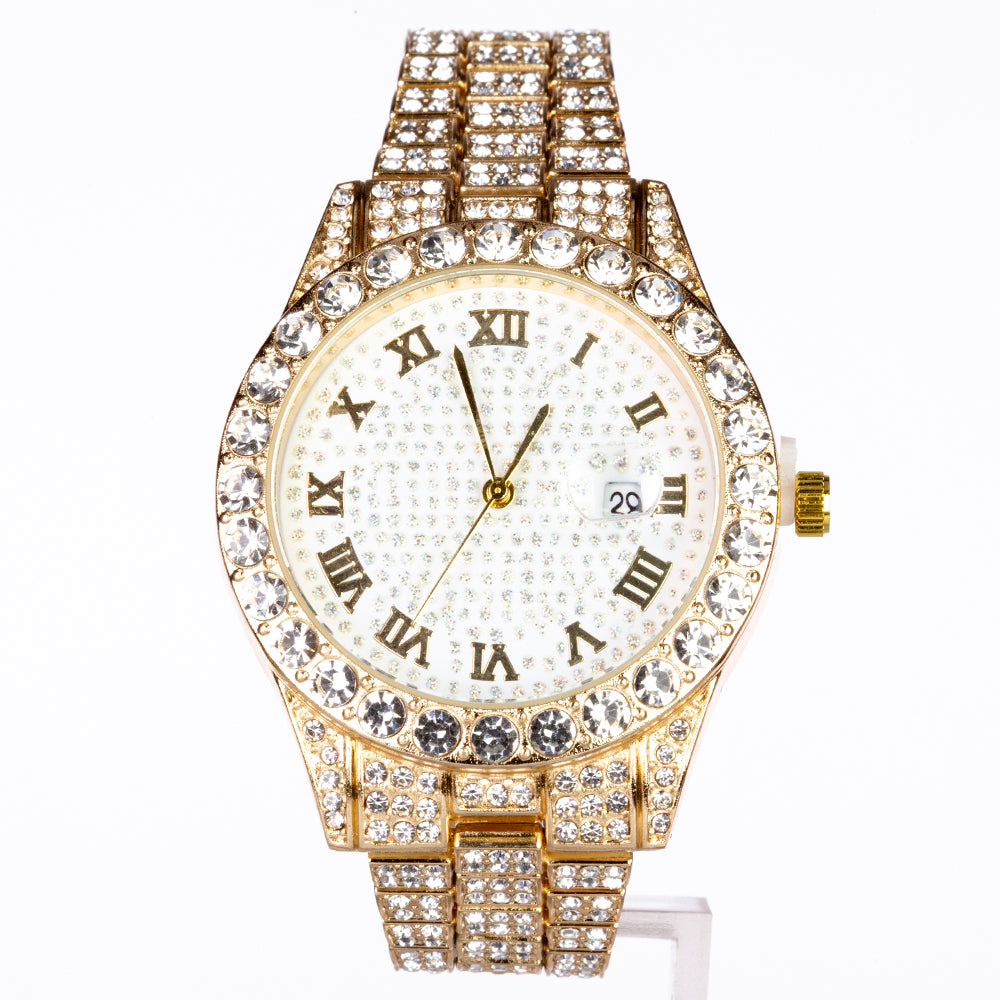 EMPORIA fashion set collection 2023, set of gold tone watch, bracelet, necklace, earrings, ring, with white stones