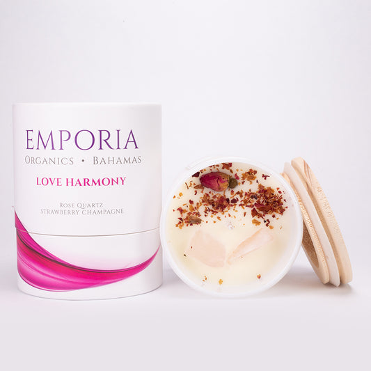 Emporia Organics BAHAMAS lasikynttilä - LOVE HARMONY, ruusukvartsi, mansikkasamppanja, 100 % soijavahaa, 230g