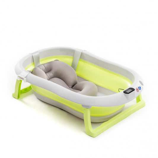 Ainutlaatuisesti suunniteltu, taitettava, kannettava vauvan kylpyamme sisäänrakennetulla lämpömittarilla ja irrotettavalla kelluvalla tyynyllä