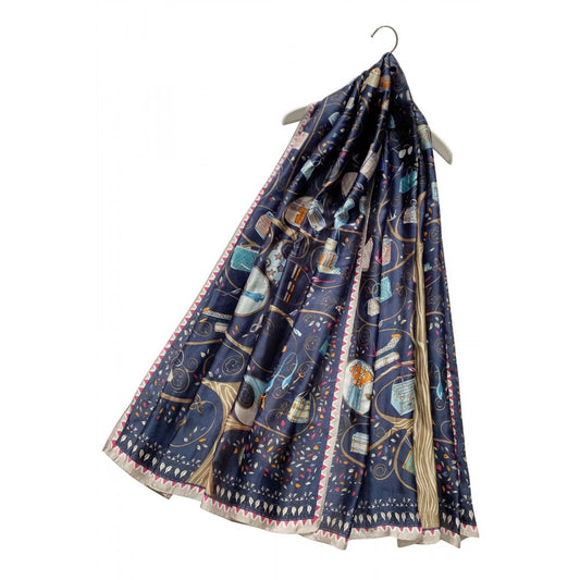 100% Aito Silkkihuivi/-saali, 90 cm x 180 cm, Tyylikäs Laukkukuvio, Laivastonsininen