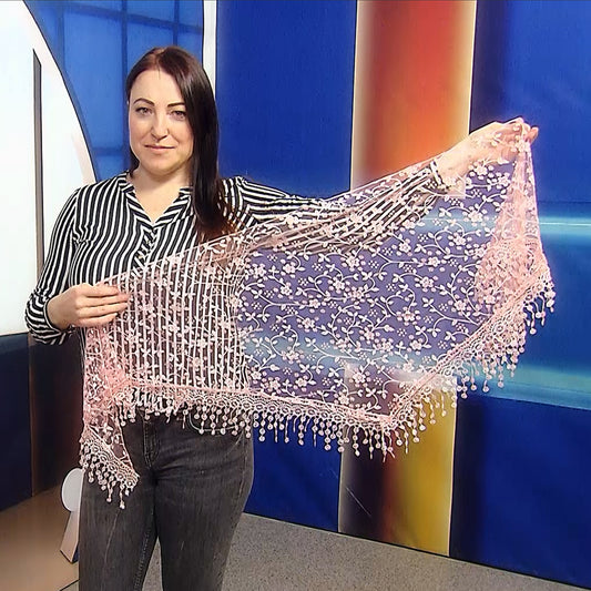 Kimalteleva Kukkakuviotu Kolmiohuivi/-saali, 45 cm x 45 cm x 170 cm, Persikka