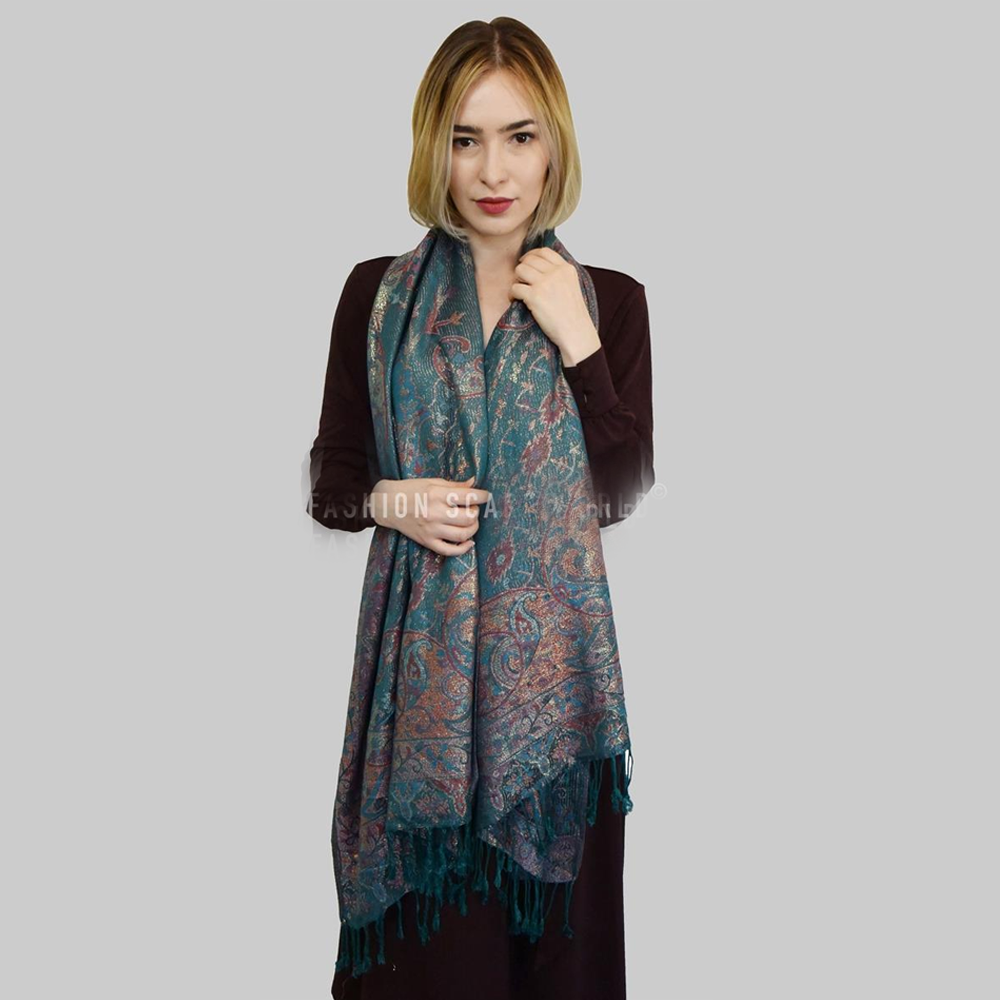 100% aito Pashmina-kashmirhuivi/-saali, 70 cm x 180 cm, kiiltävä, sinivihreä 2 