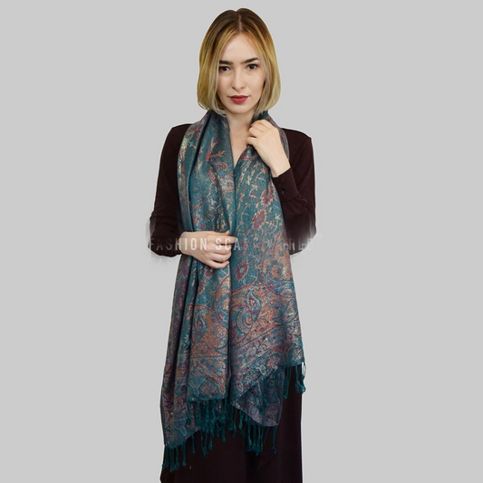 100% aito Pashmina-kashmirhuivi/-saali, 70 cm x 180 cm, kiiltävä, sinivihreä