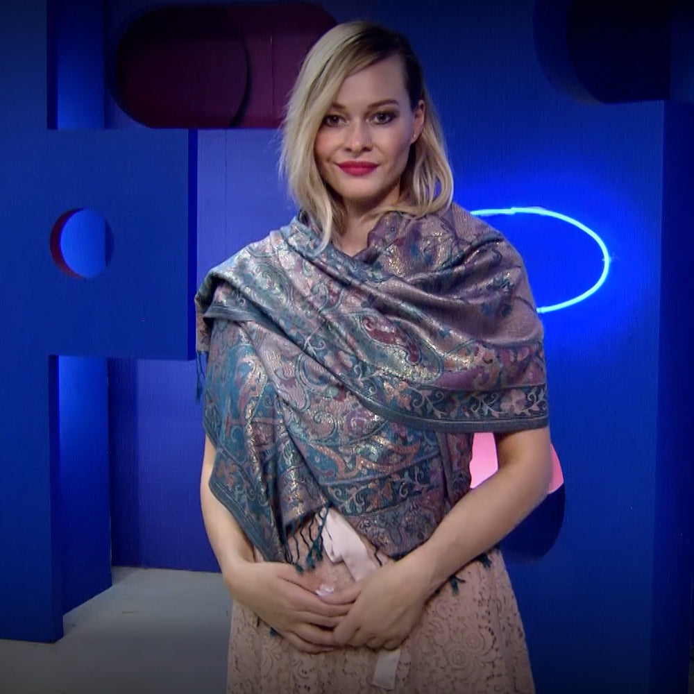 100% aito Pashmina-kashmirhuivi/-saali, 70 cm x 180 cm, kiiltävä, sinivihreä 6 