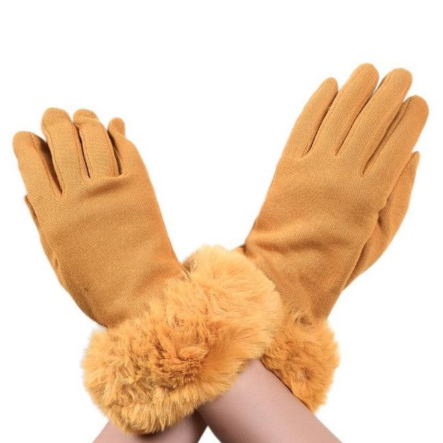 Mustard 100% Polyester Faux Fur Trim Touchscreen Gloves
