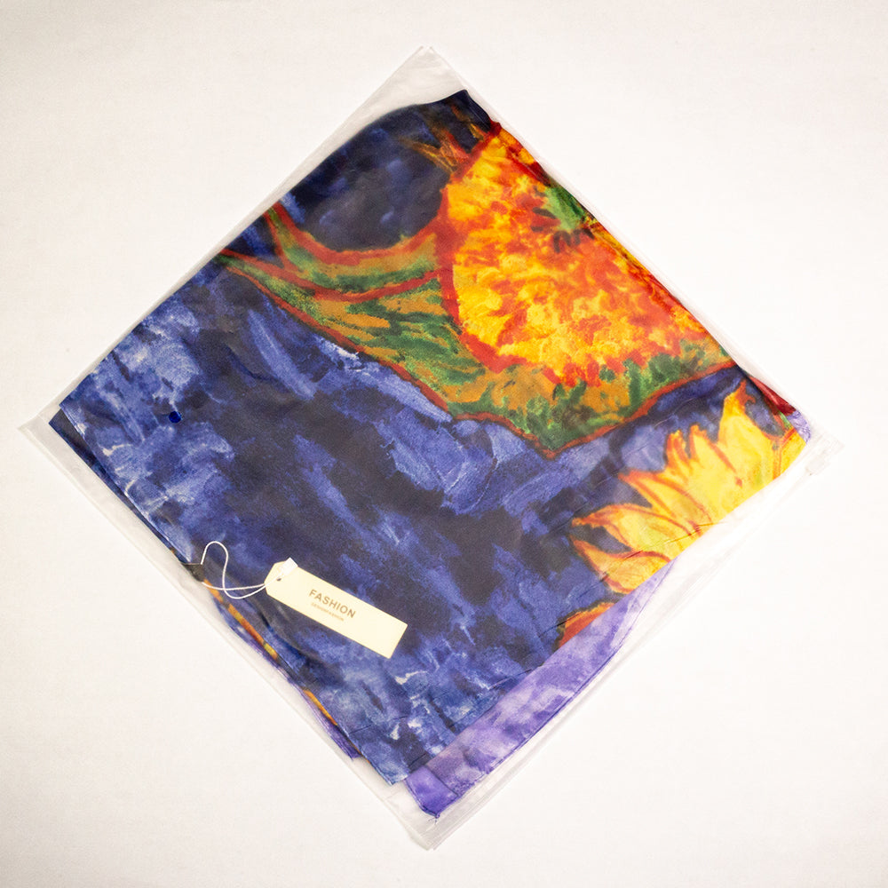 Blue 100% Silk Van Gogh Sunflower Print Silk Scarf, 90cm x 180cm