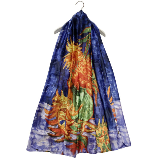 Blue 100% Silk Van Gogh Sunflower Print Silk Scarf, 90cm x 180cm
