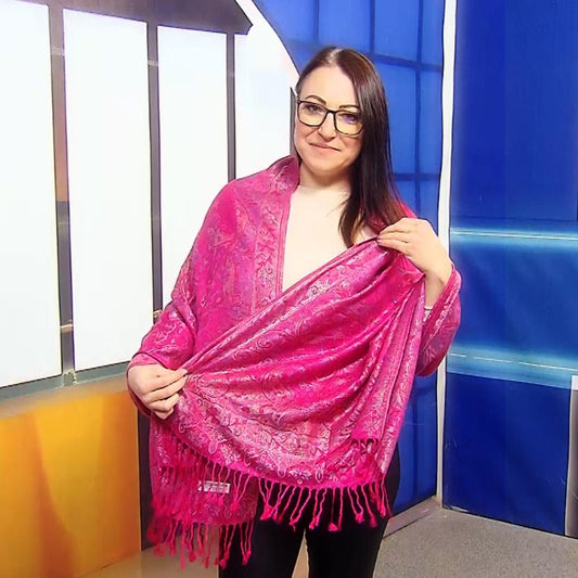 100% aito Pashmina-kashmirhuivi/-saali, 70 cm x 180 cm, kiiltävä, fuksia/vaaleanpunainen