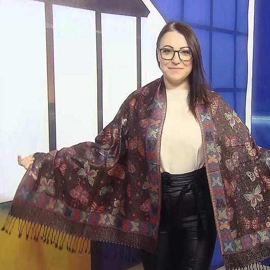 100% aito Pashmina-kashmirhuivi/-saali, 70 cm x 170 cm, perhoskuvioitu, kiiltävä, musta