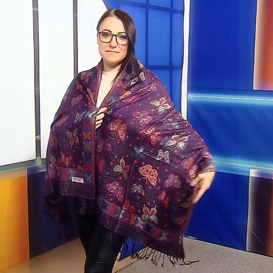 100% aito Pashmina-kashmirhuivi/-saali, 70 cm x 170 cm, perhoskuvioitu, kiiltävä, laivastonsininen