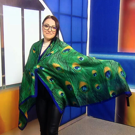 Silkkihuivi/-saali, 90 cm x 180 cm, riikinkukon sulat, vihreä