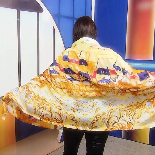 100% aito silkkihuivi/-saali, 90 cm x 180 cm, impressionistinen kylä