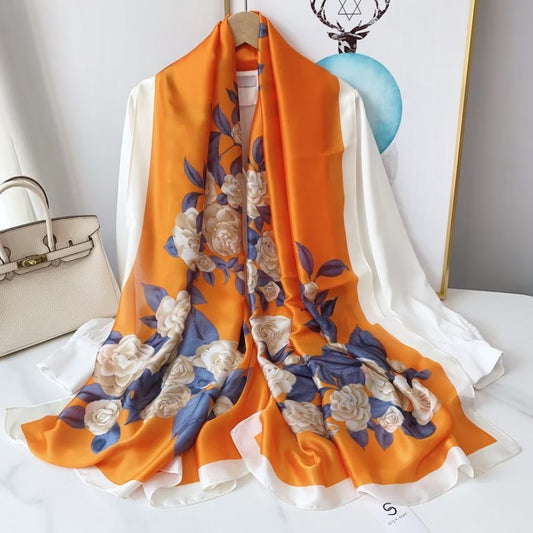 Silkkihuivi, 90 cm x 180 cm, Todellisen Rakkauden Kukka, Oranssi, 100% Silkkiä