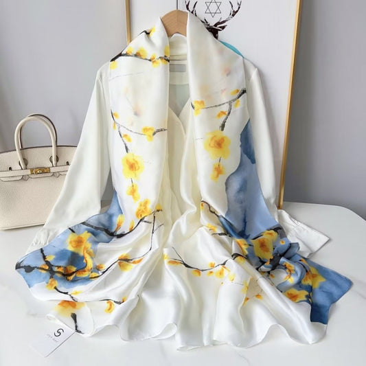 Silkkihuivi, 90 cm x 180 cm, Kylmän Luumupuun Ylpeyden Oksa, Sininen, 100% Silkkiä