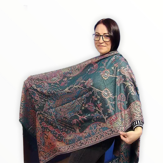 100% aito Pashmina-kashmirhuivi/-saali, 70 cm x 180 cm, kiiltävä, sinivihreä