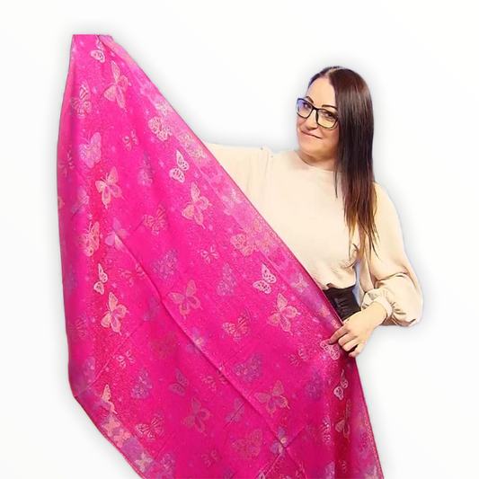 100% aito Pashmina-kashmirhuivi/-saali, 70 cm x 170 cm, perhoskuvioitu, kiiltävä, fuksia