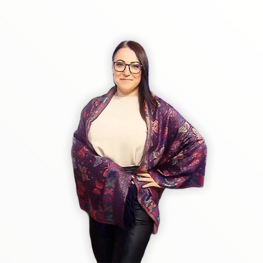 100% aito Pashmina-kashmirhuivi/-saali, 70 cm x 170 cm, perhoskuvioitu, kiiltävä, laivastonsininen