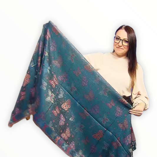 100% aito Pashmina-kashmirhuivi/-saali, 70 cm x 170 cm, perhoskuvioitu, kiiltävä, sinivihreä