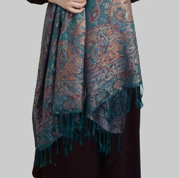 100% aito Pashmina-kashmirhuivi/-saali, 70 cm x 180 cm, kiiltävä, sinivihreä 3 