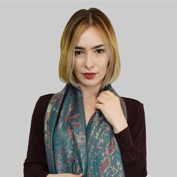 100% aito Pashmina-kashmirhuivi/-saali, 70 cm x 180 cm, kiiltävä, sinivihreä 4 