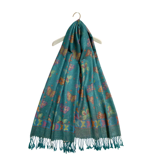 100% aito Pashmina-kashmirhuivi/-saali, 70 cm x 170 cm, perhoskuvioitu, kiiltävä, sinivihreä
