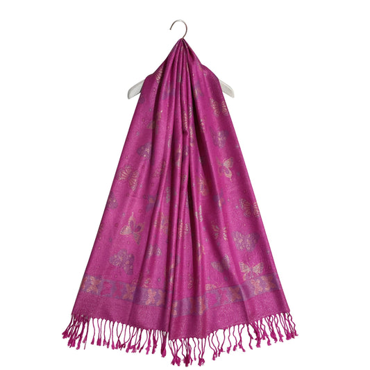 100% aito Pashmina-kashmirhuivi/-saali, 70 cm x 170 cm, perhoskuvioitu, kiiltävä, fuksia