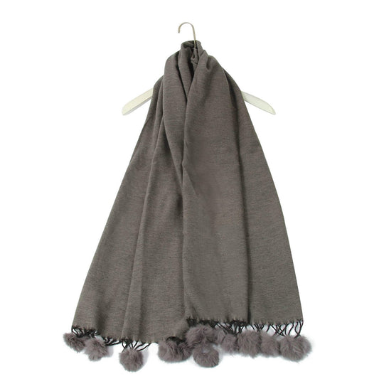 Huivi/saali jossa aito pom pom turkis, 60 cm x 170 cm, harmaa