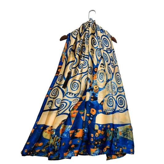 100% Silkkihuivi, 90 cm x 180 cm, Klimtin Impressionistinen Elämänpuu