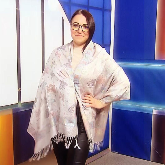 100% aito Pashmina-kashmirhuivi/-saali, 70 cm x 170 cm, perhoskuvioitu, kiiltävä, valkoinen